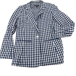 Chadwicks of Boston Navy White Gingham Blazer Jacket Womens 8 Cotton Stretch